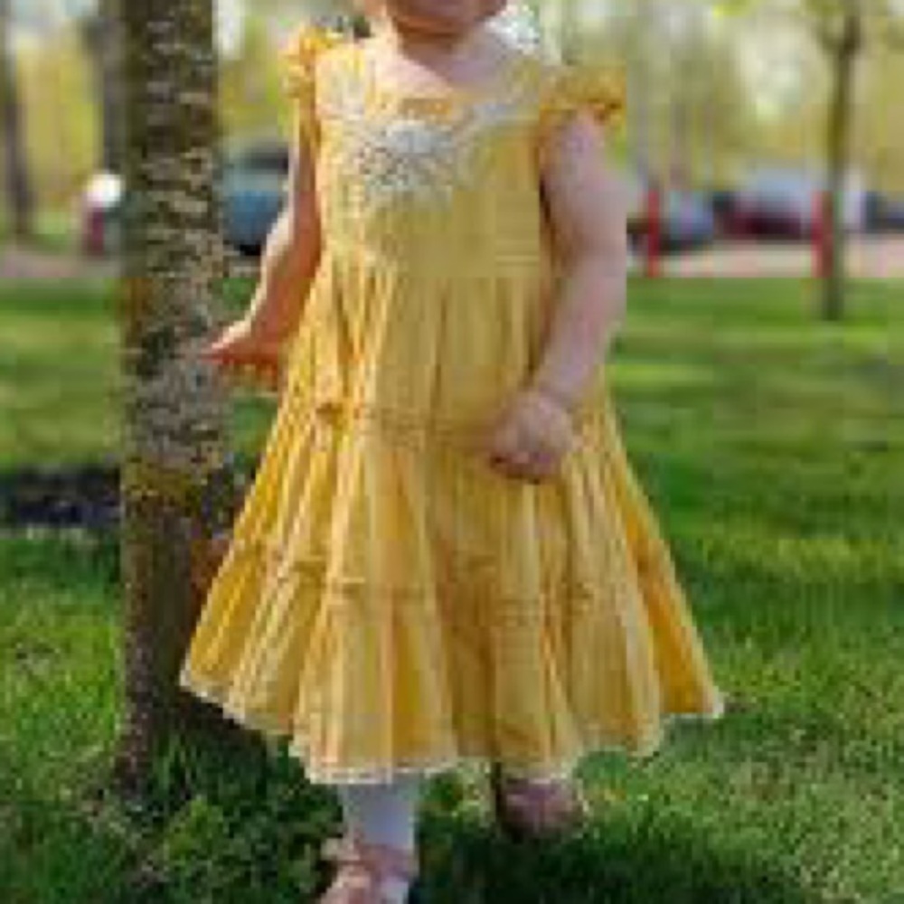 Tahari Mustard Dress with White Floral Embroidery